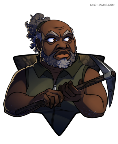 Portrait of Tychon Aldrek, a human, holding a mining pick. He stands in an earthen ditch and is framed in a six-pointed star.