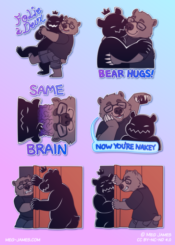 Six telegram stickers of Kingbear and Nutmeg together: Kingbear and Nutmeg waltzing with the text 