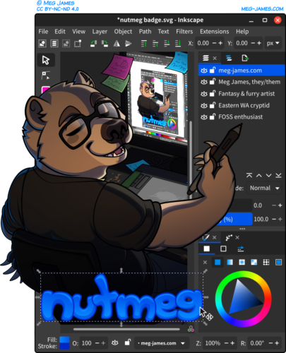 Drawing of Nutmeg, an anthro grizzly bear, seated at a desk in front of a computer monitor, looking over their shoulder, and pointing a drawing tablet pen to the right of the frame. The drawing is framed in an artistic interpretation of the Inkscape interface, and the layers menu at the right contains information: 