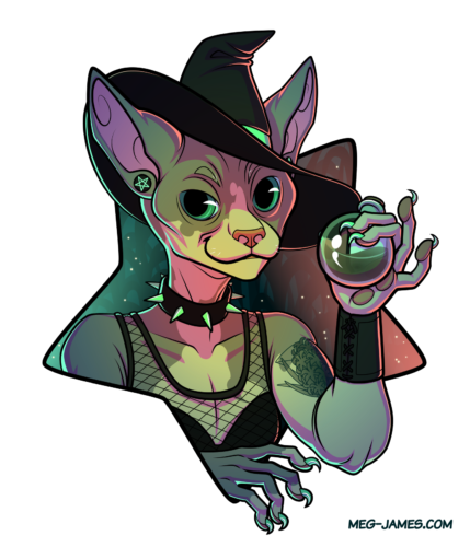 Portrait of Hyacinth, an anthro sphynx cat with blue eyes. She wears a witch's hat and holds up a potion bottle full of mystery liquid, stands in front of a cornfield flooded by colored lights, and is framed in an upside-down star shape.