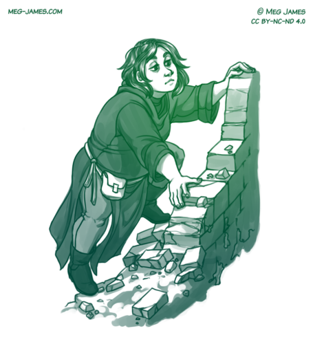Clean sketch of Ree, a tired-looking human woman attired in black robes, climbing up a crumbling stone wall. The sketch is toned in green.