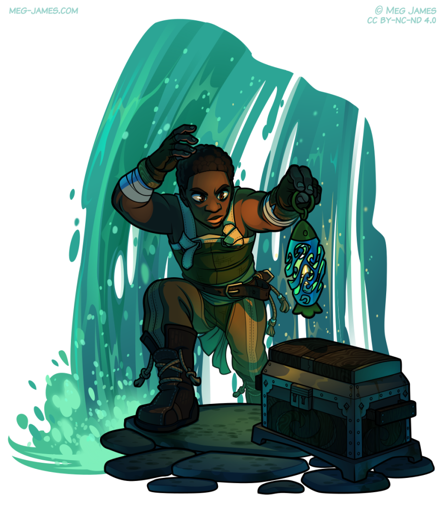 Full body drawing of Scrivens, a human treasure hunter, climbing along a rocky path toward a treasure chest. They are holding a whimsical fish-shaped lantern in one hand and using their other hand to shield themself from the spray of a waterfall.