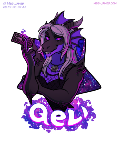 Portrait drawing of Qeli, an anthro dragon. They're grinning, holding a tarot card in one hand, standing in front of a swirling blue backdrop framed in an upside-down star shape. Their name, Qeli, is surrounded by a purple nebula cloud shape below the portrait.