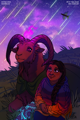 Illustration of two characters, a large goat-like 