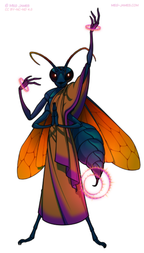 Full body drawing of Julius, an anthro tarantula hawk wasp. He stands tall with his upper arms raised to the heavens, his lower arms in a praying position, and his stinger poised to cast a spell.