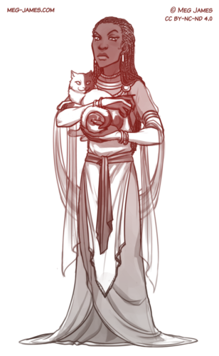 Clean sketch of Usther, a well-dressed human woman, glowering at the viewer and holding her pet cat. The sketch is toned in red.