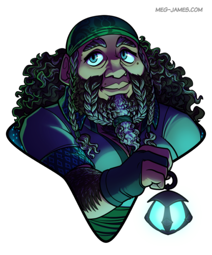 Portrait of Majel Guidestar, a dwarf, holding a lantern and standing before a starry sky. She is framed in a four-pointed star shape.