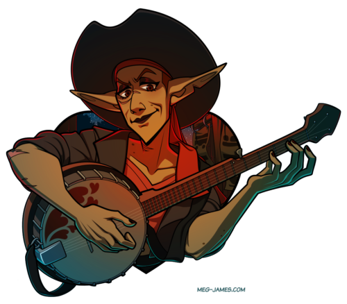 Portrait of Harmonious Kinsley, an elf musician, sporting a mischievous smile and playing a banjo. She appears before a town at dusk, framed in a heart shape.