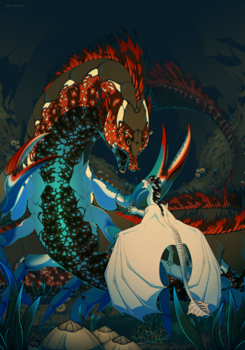 A fullbody commission of Soo Foun, a white dragon with a frilled tail and mane of black and white feathers, pouncing toward a giant creature that resembles a monstrous combination of eel and crab, with a long body, frilled fins, carapace and large crab claws. The interaction is taking place in a rocky cave which, although dry, contains a variety of what appears to be sea life.