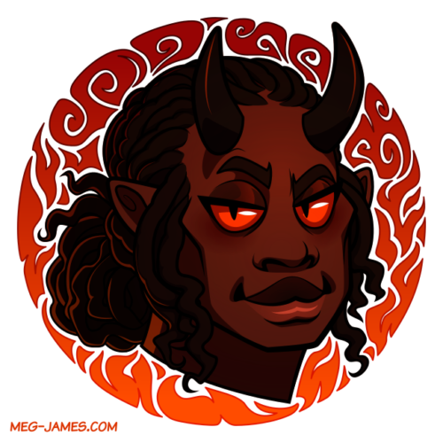 Icon of Ahura, a demon, framed in a decorative orange and red circle that resembles flames.