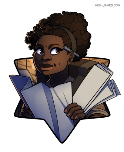 Portrait of Alisee Valor, a human, wearing a backpack and holding several sets of blueprints, standing in a workshop overlooking an arid environment. She is framed in a six-pointed star.