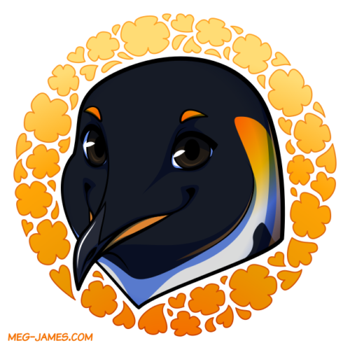 Icon of an emperor penguin framed in a decorative yellow circle with a floral pattern.