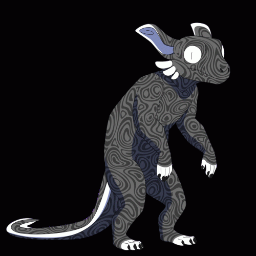 A short animation of a dragon-lizard-goblin creature. It stands still and swishes its tail, but then its ears perk up and it changes from a gray coloration to a bright yellow and purple coloration, before eventually changing back. The animation loops.
