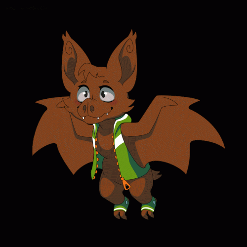 A short animation of a cartoony brown fruit bat flying. The animation loops.