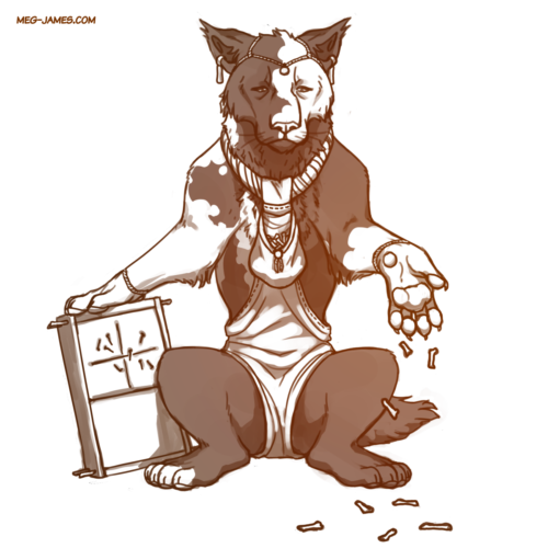 Clean sketch of Ramiss, a piebald mewel (catfolk). He holds a clay tablet with his right hand and throws a set of bones on the ground before him with his left. The sketch is toned in brown.