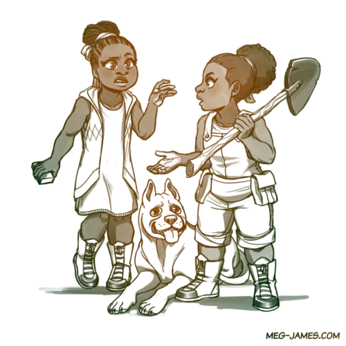 Clean Sketch of Igna Valor, Marise Valor, and Marise's dog Rainier. Igna looks nervously to Marise while holding a box of matches. Marise, holding a shovel, looks sternly at Igna, as if arguing. Rainier sits happily on the ground between them.