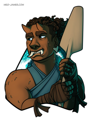 Portrait of an orc holding an oar, in front of a background of ocean waves and framed in a stylized shark tooth shape.