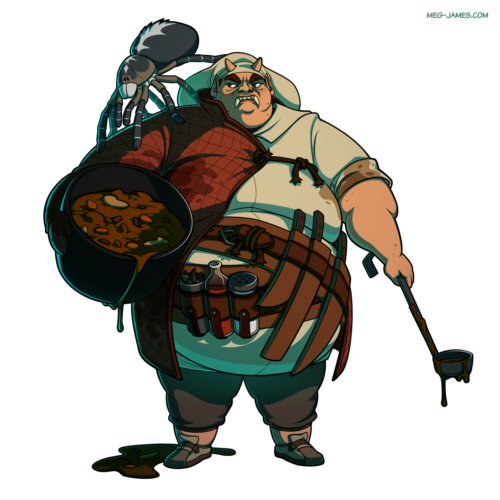 Fullbody drawing of Vendra Ostra, a rather stern-looking orc chef, carrying a pot of stew in her right arm and a ladle in her left hand. Her pet spider, Carla, climbs on her shoulder.