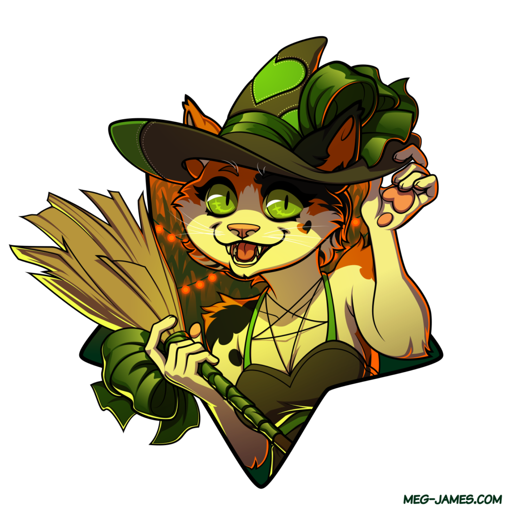 Portrait of Bethany, an anthro calico cat with green eyes. She is wearing a witch's hat and carrying a broomstick, stands in front of a cornfield decorated with strings of party lights, and is framed in an upside-down star shape.