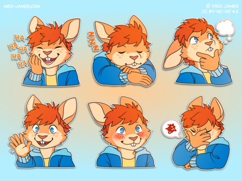 Six telegram stickers of Cosmo, an anthro rabbit, featuring the following expressions: laughing; sleeping; thinking; smiling and waving; blushing; and an exasperated facepalm.