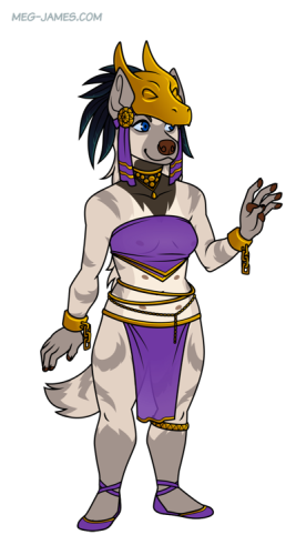 imple, flat-colored drawing of Sapphire the anthro hyena wearing a purple-and-gold, dragon-themed dancer outfit.