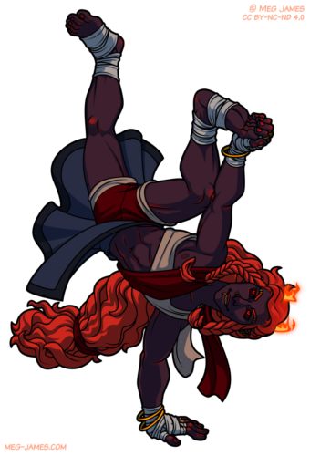 Full body drawing of Echo, a humanoid with dark purple skin, bright orange-red hair, and fiery horns. He is striking a dramatic handstand pose.
