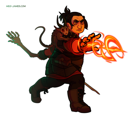 Fullbody drawing of Otto Ramaker, a half-elf warlock from dungeons and dragons. His pet quasit, Reggie, rides on his shoulder. Otto casts eldritch blast in front of him with his right hand while holding a staff of withering in his left hand.