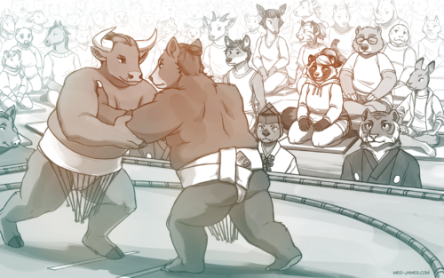 A clean sketch scene of a sumo wrestling match. Two wrestlers, an anthro bull and an anthro black bear, engage one another in the foreground. They are observed by the judges just beyond the ring. There is a large crowd watching the match, the most prominent of whom is Kewey the tanuki, who sits politely but with an excited, joyful expression.