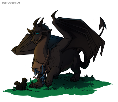 Fullbody drawing of Omid, a black dragon, and his cat, Capper, sitting in a patch of grass.