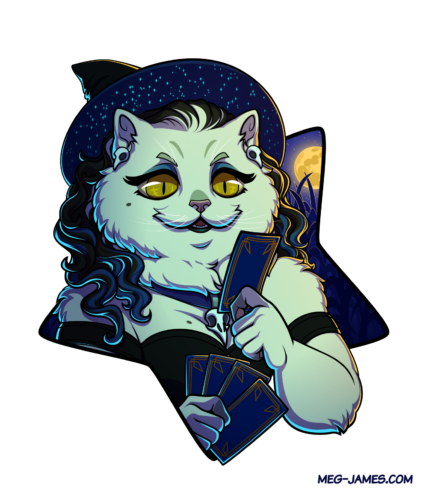Portrait of Chloe, an anthro Persian cat with gold eyes. She is wearing a witch's hat and holding a hand of tarot cards, stands in front of a cornfield in moonlight, and is framed in an upside-down star shape.
