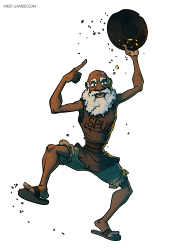 Fullbody illustration of Pierre Valor, an elderly human prospector dressed in a potato sack. He is yelling and waving around a gold pan full of gravel and gold nuggets.