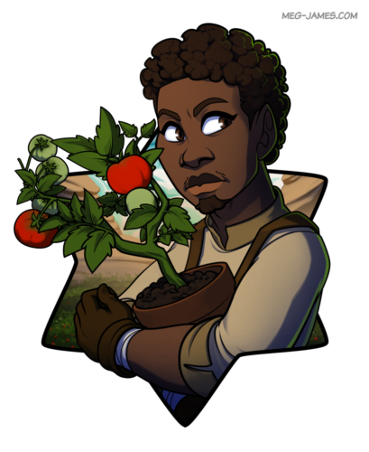 Portrait of Emeric Valor, a human, holding a potted tomato plant and standing before a small field of plants surrounded by dusty wastes. He is framed in a six-pointed star.