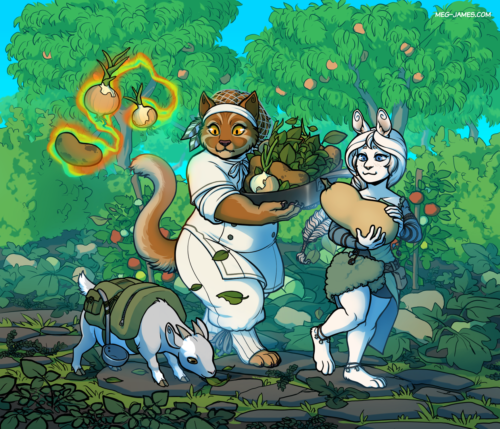 Fullbody illustration of Nem Orossa, an anthropomorphic cat, Mistiad, an anthropomorphic rabbit, and Emi the goat carrying vegetables and walking through a lush garden.