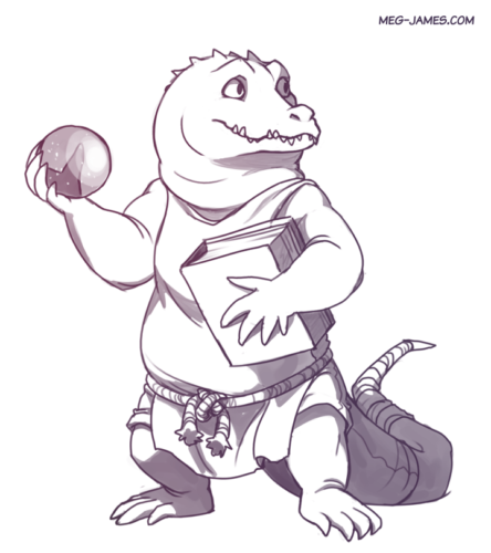 Clean sketch of a dreggle (lizard folk) holding a book and a crystal ball.