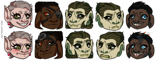 Portraits of five goblins with two expressions each: Gosling, smiling and furious; Nexx, neutral and smirking; Filth, smiling and worried; Foul, frowning and scowling; and Zamm, smiling and slightly crazed.