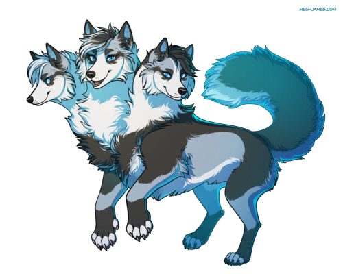 Fullbody drawing of Luminous, a marble fox, as a three-headed cerberus.