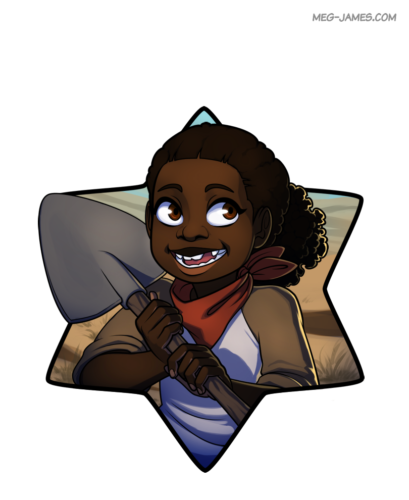 Portrait of a human boy, Hector Valor, smiling and holding a shovel. He is standing before a dusty landscape in a dust storm, and is framed in a six-pointed star.