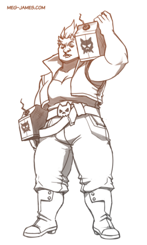 Clean sketch of Henny Summer, an orc, holding two improvised bombs.