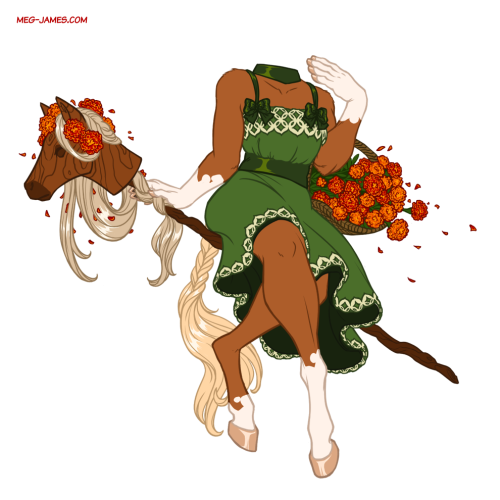 Fullbody drawing of a horselike anthro character. Her head is not attached to her body, but is instead the inanimate wooden head of a hobbyhorse. She rides on the staff of the hobbyhorse as if it is a witch's broomstick.