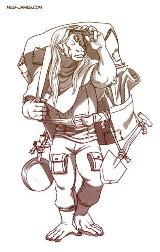 Clean sketch of Hust Hustkin, a giant, holding a large backpack and looking around.