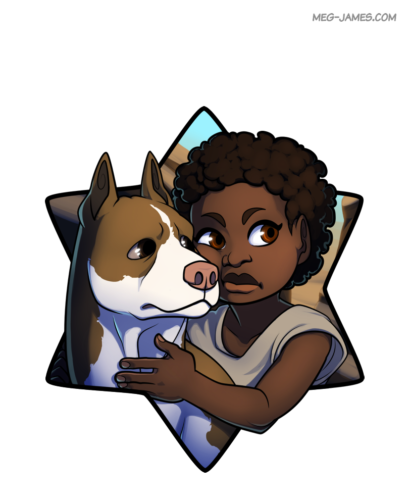 Portrait of a young human boy, Oliver Valor, holding onto his dog, Baker. He is standing before a dusty, rocky landscape and is framed in a six-pointed star.