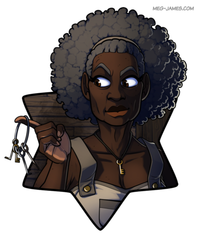 Portrait of Adeline Valor, a human, holding a ring of keys. She stands outside a building of some kind and is framed in a six-pointed star.