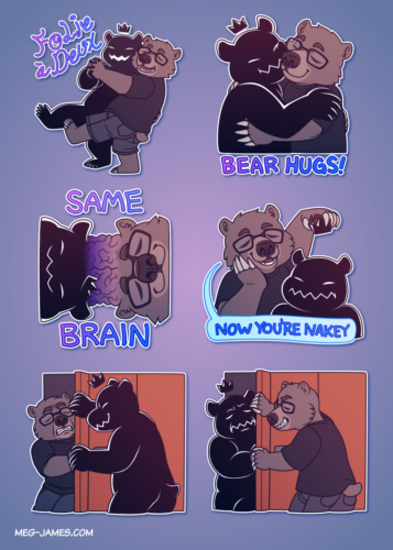Six telegram stickers of Kingbear and Nutmeg together: Kingbear and Nutmeg waltzing with the text 