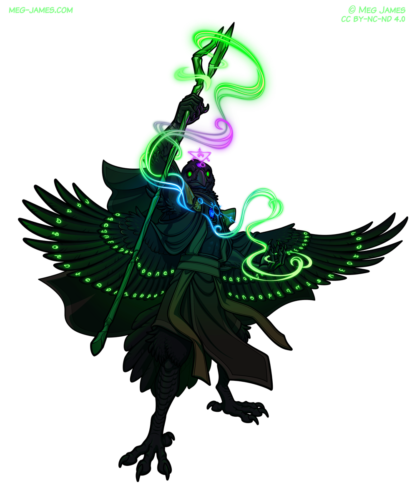 Full body drawing of Brennus, a crow-like tengu, raising up a staff in his right hand and casting a powerful spell with swirling green, blue, and purple magic. He is glaring at the viewer.