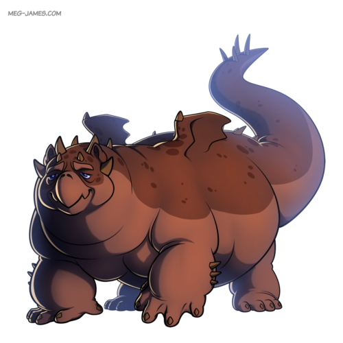 Fullbody drawing of Riyinildar, a large and chunky reddish-brown dragon with small wings and webbed fingers.