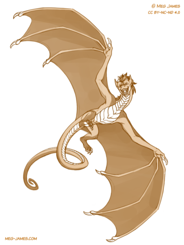 Clean sketch of Lunak, a wyvern, flying by with a mischievous open-mouth smile. The sketch is toned in gold-brown.
