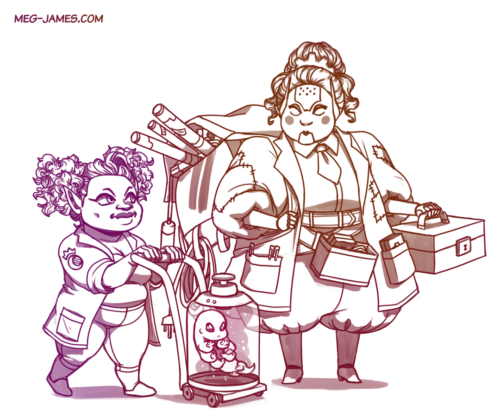 Clean sketch of three characters: Moon Queen Radeo, a smug, curly-haired female gnome in a lab coat, pushing a hand truck; Grubbaboo, a six-limbed neotenic homuncule in a vat of some sort, being transported via aforementioned hand truck; and Madam Patchwork, a doll-like automaton wearing a patched lab coat and carrying a backpack and toolbox.