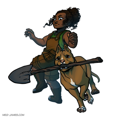 Fullbody drawing of Marise Valor, a human, and her dog Rainier running past her with a shovel in his mouth.