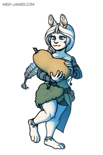 A fullbody illustration of Mistiad, an anthro rabbit, carrying a large butternut squash.