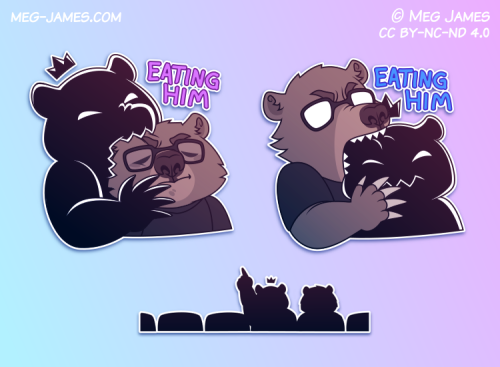 Three telegram stickers of Kingbear and Nutmeg: Kingbear biting Nutmeg with the text 'EATING HIM'; Nutmeg biting Kingbear with the text 'EATING HIM'; and the two in silhouette sitting in theater seats, like Mystery Science Theater 3000.